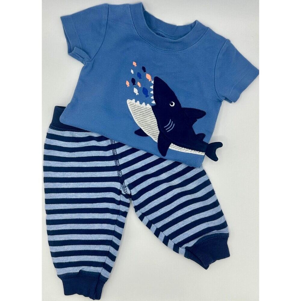 Carter’s Shark Set Size 6 Months Blue Stripe Fish Ocean (795)